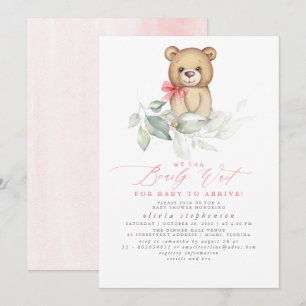 Girl's Bear Watercolor Greenery Baby Shower Invitation