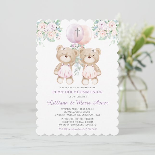 Girls Bears Twin Communion Invitations (Standing Front)