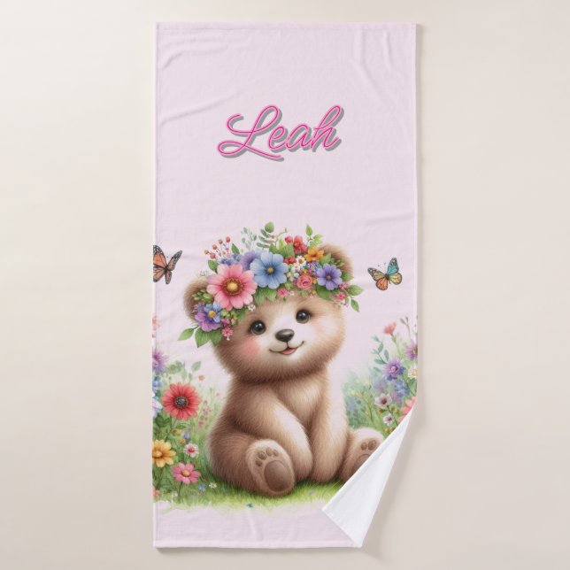 Girls Beary Cute Pink Floral Bath Towel (Bath Towel)