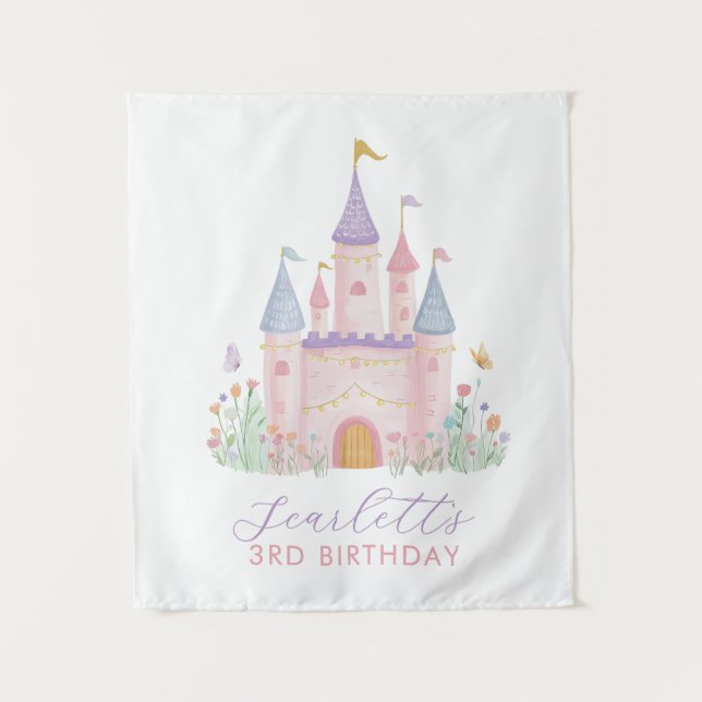 Girls Birthday Backdrop Princess Party Castle Tapestry (Front)