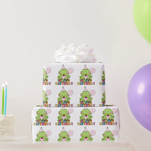Girls Birthday frog with balloons wrapping paper