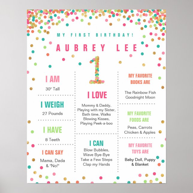 Girls Birthday Mint Teal Pink First Birthday Poster (Front)