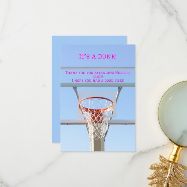 Girls Birthday Party Blue Sky Basketball Hoop Thank You Card (Front/Back In Situ)