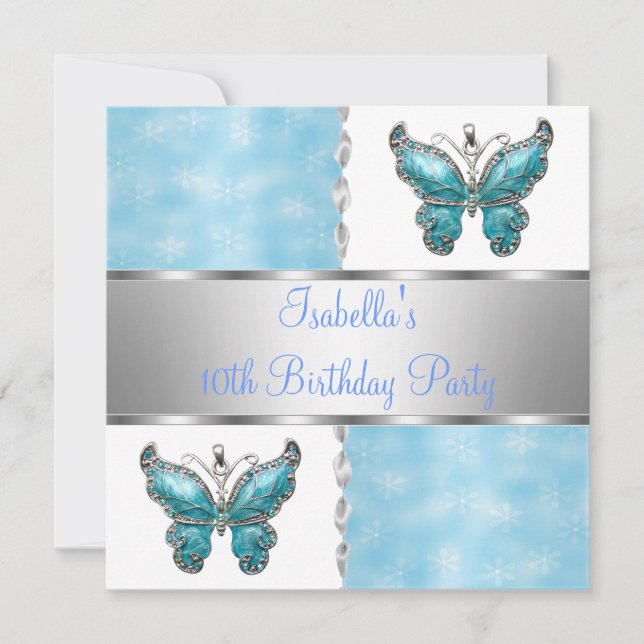 Girls Birthday Party Butterfly Blue White Flower Invitation (Front)
