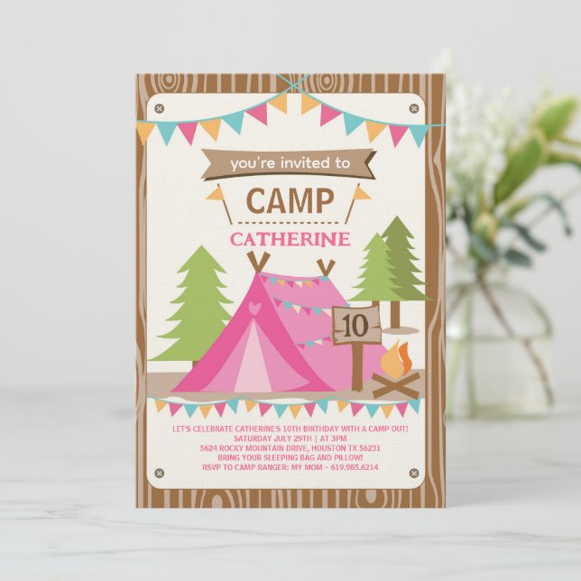 Girls Birthday Party Camping Birthday Party Invitation (Standing Front)