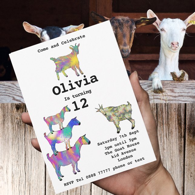 Girls Birthday Party Colourful Cute Goats Funny (Cute goats colorful farm animal art 12th birthday party budget invitation )