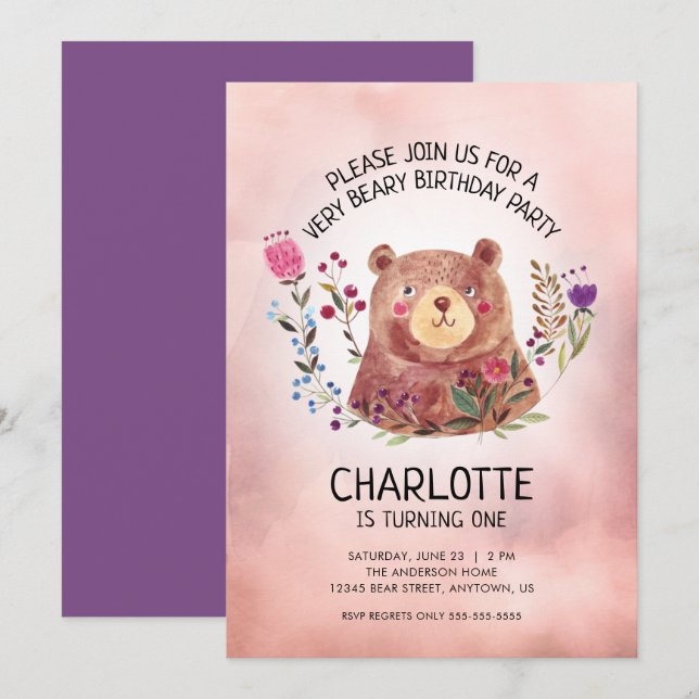 Girl's Birthday Party Cute Bear and Flowers Invitation (Front/Back)