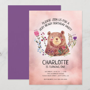 Girl's Birthday Party Cute Bear and Flowers Invitation