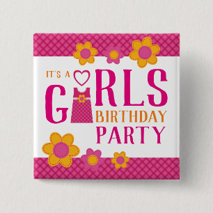 Girls birthday party favour gift cute pink floral 15 cm square badge