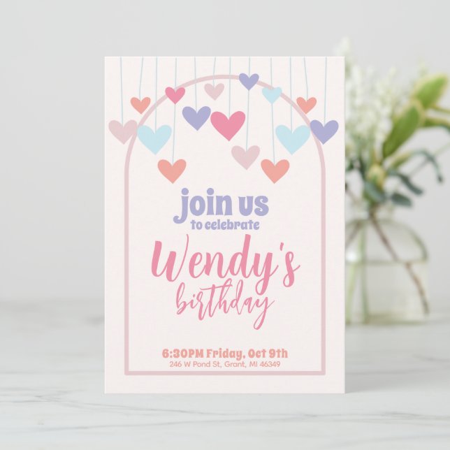 Girl's Birthday Party Heart Balloons Cute Invite (Standing Front)