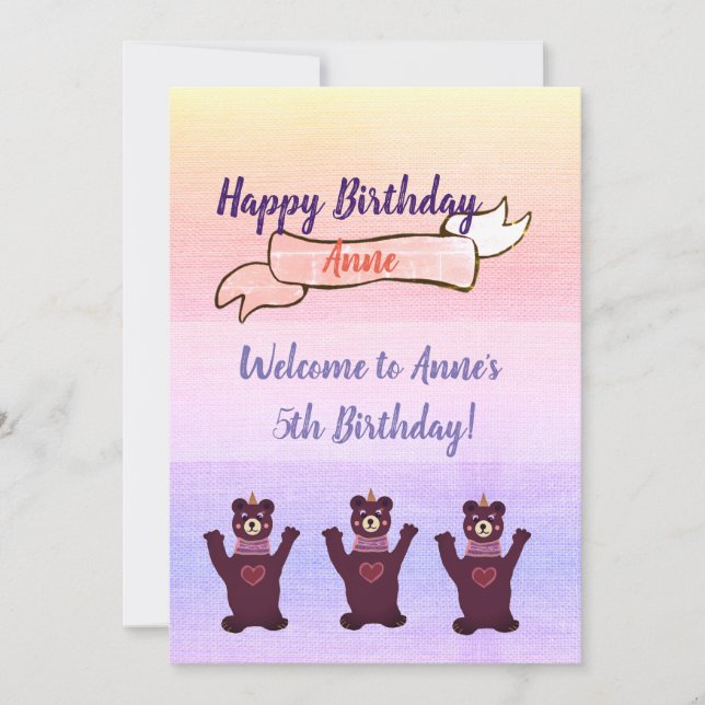 Girl's Birthday Party Invitations Bear (Front)