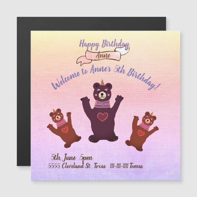 Girl's Birthday Party Invitations Bear (Front/Back)