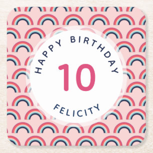 Girls Birthday Party Personalised Name Age Pink Square Paper Coaster