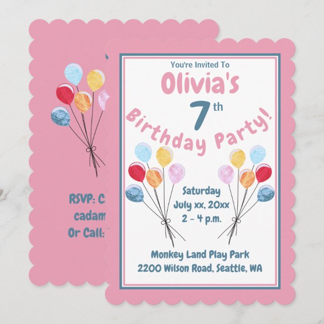 Girls Birthday Party Pink Balloons  Invitation (Front/Back)