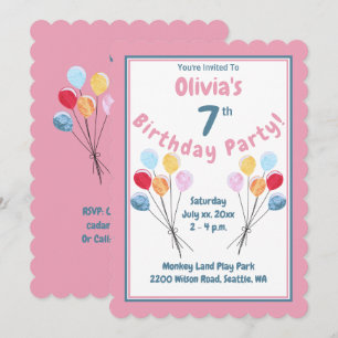 Girls Birthday Party Pink Balloons Invitation