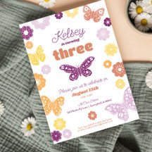 Girls Birthday Party Retro Butterfly Birthday
