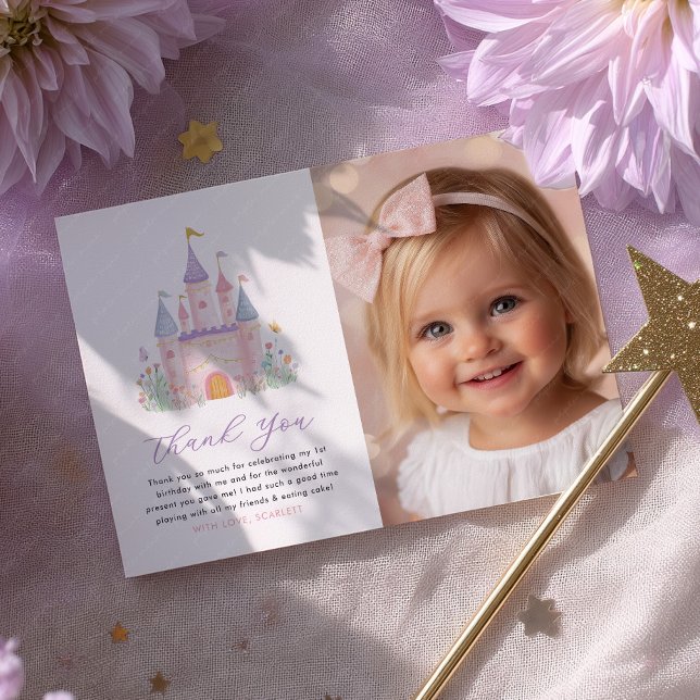 Girls Birthday Photo Thank You Card Princess Party (Girls birthday Photo thank you card | Princess Pastel Castle Party)