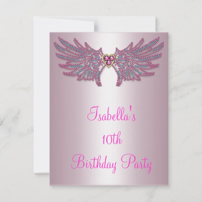Girls Birthday Pink & Blue Jewel Angel Wings Invitation (Front)
