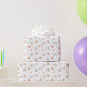 Girls Birthday Pink Watercolor Boho Rainbow Kids Wrapping Paper