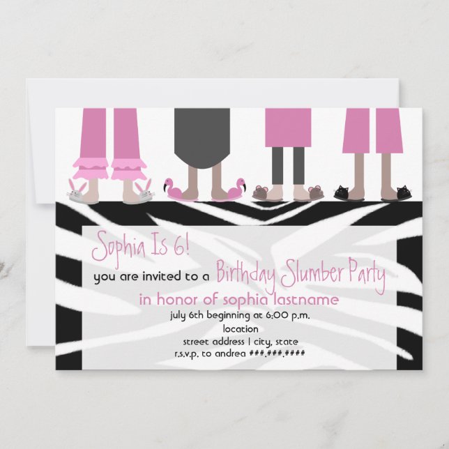 Girls Birthday Slumber Party Sleepover Zebra Invitation (Front)
