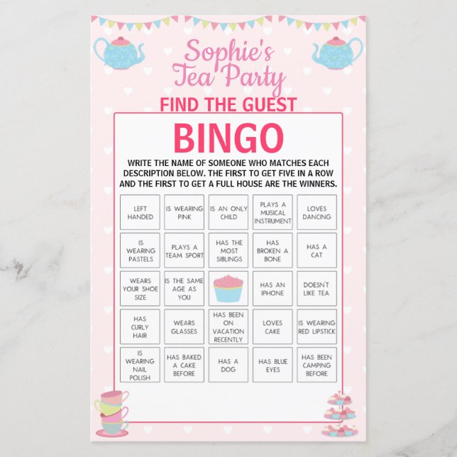 Girls Birthday Tea Party Find The Guest Bingo (Front)