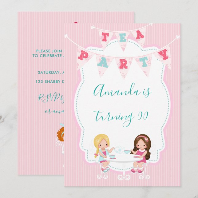 Girl's Birthday Tea Party Shabby-Chic Personalised Invitation (Front/Back)