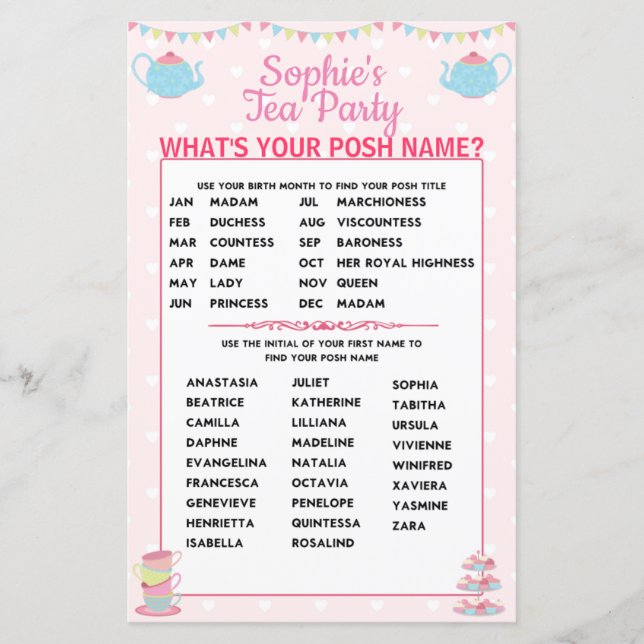 Girls Birthday Tea Party What's Your Posh Name? (Front)