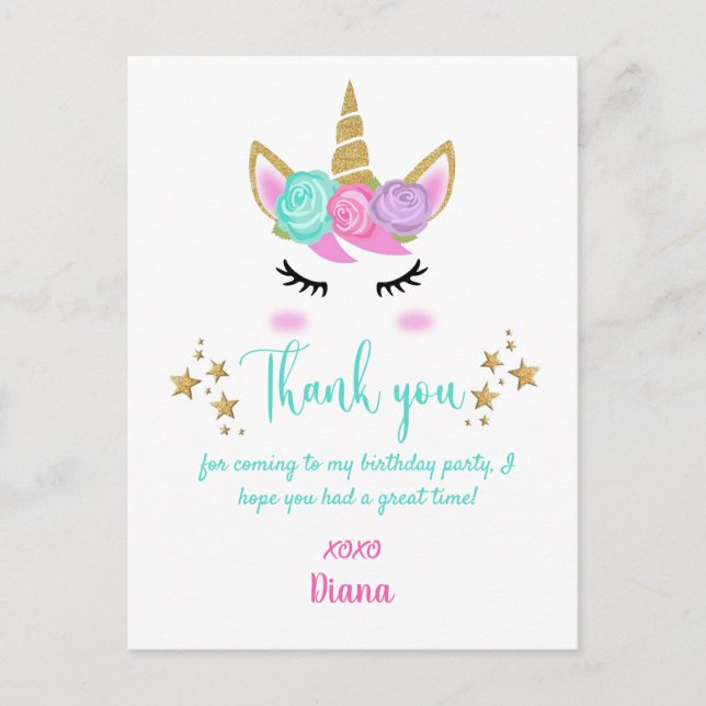 Girl's Birthday Unicorn Theme Thank you Postcard (Front)