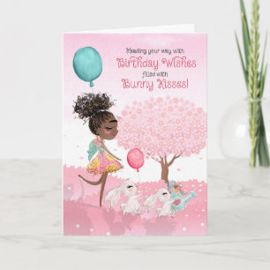 Girls Birthday Wishes Bunny Kisses Brown Girl Card