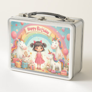 Girl's Birthday with Unicorns & Rainbow Metal Lunch Box
