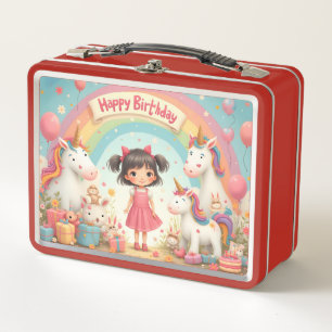 Girl's Birthday with Unicorns & Rainbow Metal Lunch Box