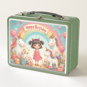 Girl's Birthday with Unicorns & Rainbow Metal Lunch Box