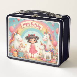Girl's Birthday with Unicorns & Rainbow Metal Lunch Box