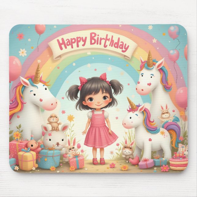 Girl's Birthday with Unicorns & Rainbow Mouse Mat (Front)