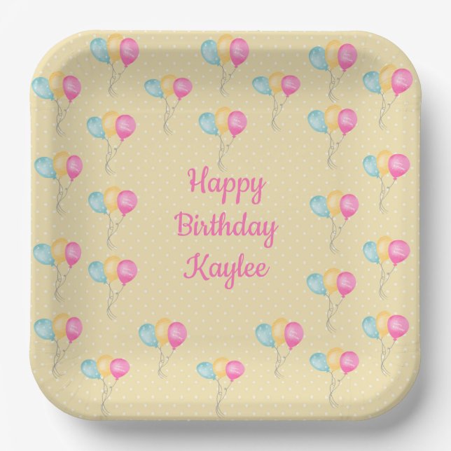 Girls Birthday Yellow Polka Dots And Balloons  Paper Plate (Front)