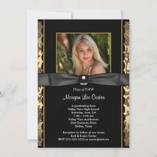 Girls Black and Gold Photo Graduation Invitation