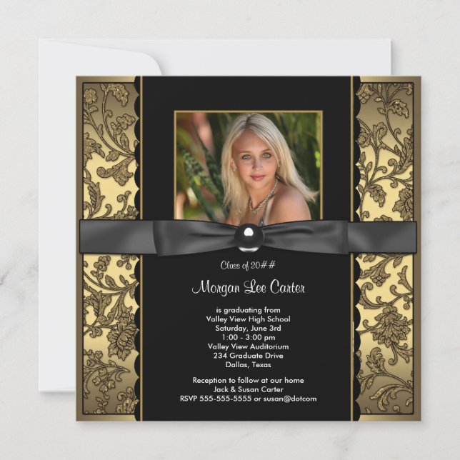 Girls Black and Gold Photo Graduation Invitation (Front)