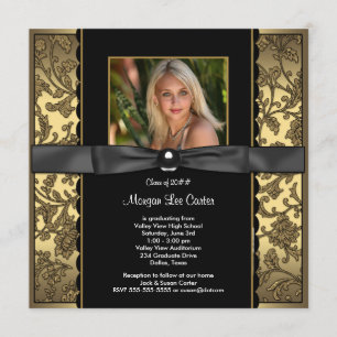 Girls Black and Gold Photo Graduation Invitation