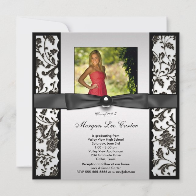 Girls Black and White Photo Graduation Invitation (Front)