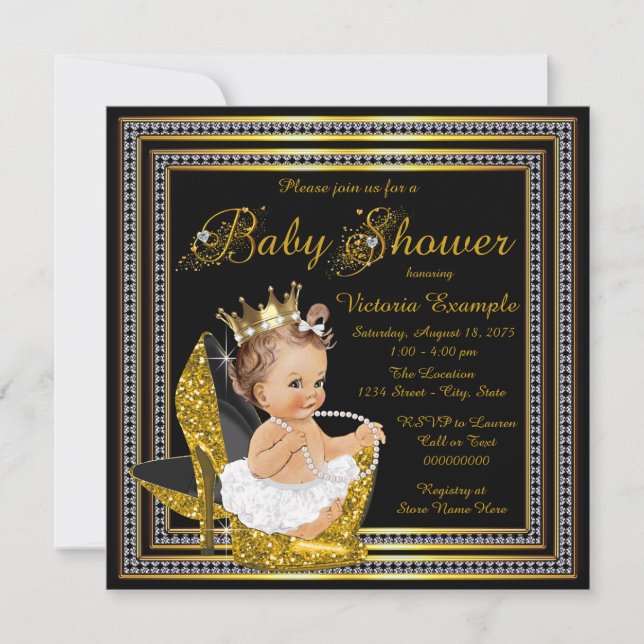 Girls Black Gold High Heel Baby Shower Invitation (Front)