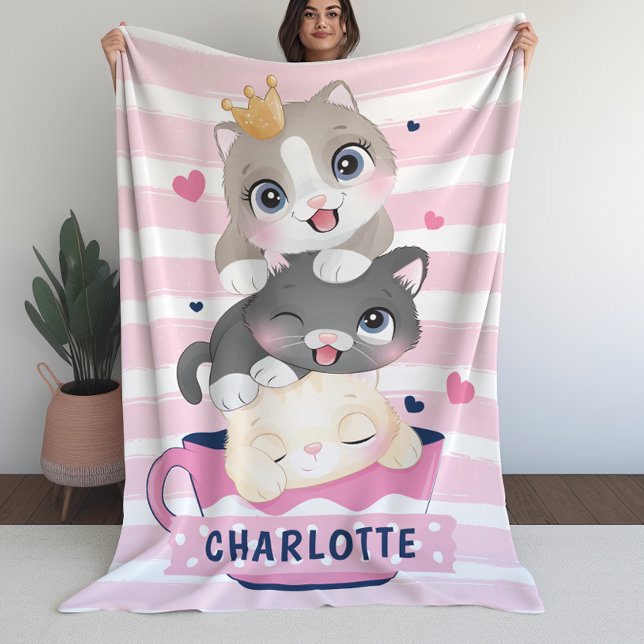 Girls Blanket with Cute Cartoon Cats Pink Stripes (Girls Blanket with Cute Cartoon Cats Pink Stripes)