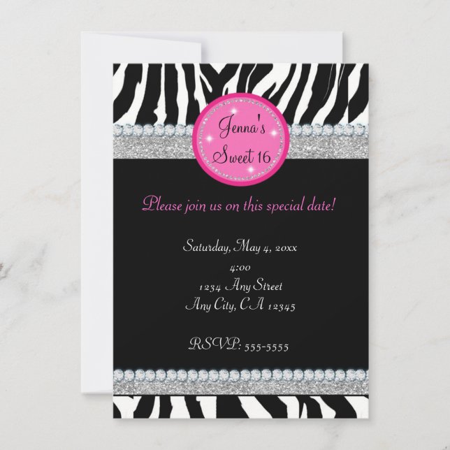 Girls Bling Sparkle Zebra Print Party Invitation (Front)
