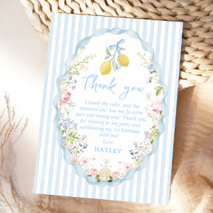 Girls Blue Bow Lemon Birthday Thank You Card
