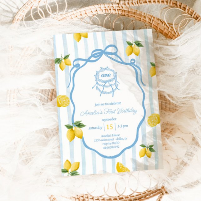 Girls Blue Lemon Amalfi Watercolor 1st Birthday Invitation (Creator Uploaded)