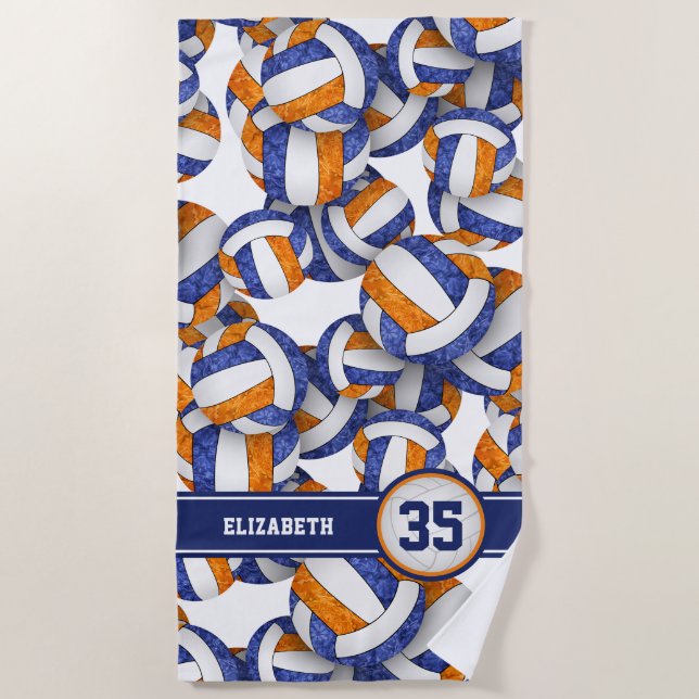girls blue orange volleyballs pattern personalised beach towel (Front)