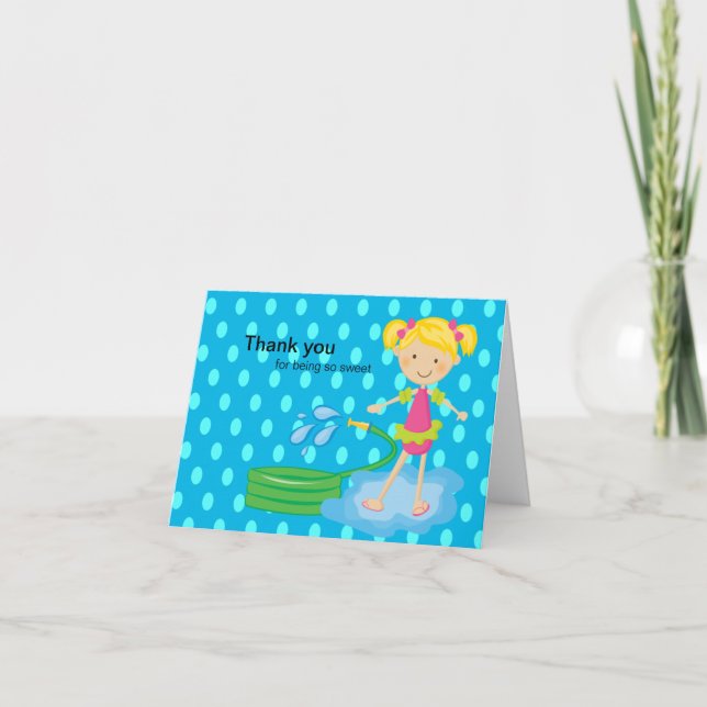 Girls Blue Pool Party Hose Thank You Card (Front)