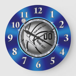 Girls Blue, Silver Personalised Basketball Clock