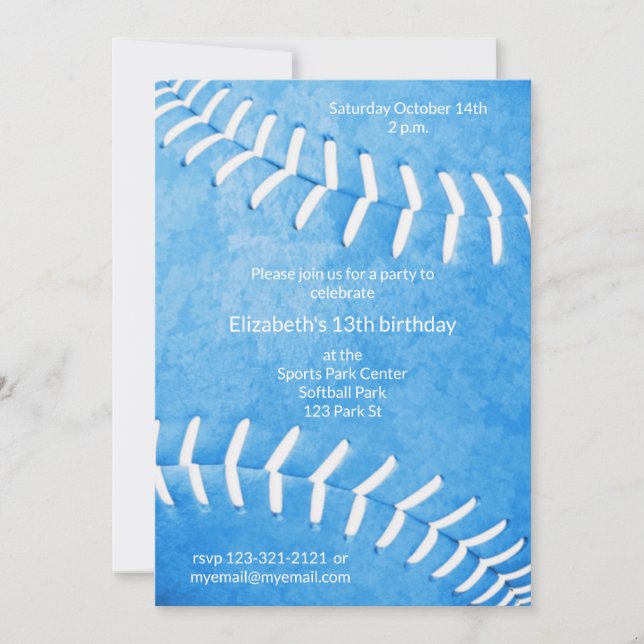 girls blue softball birthday or team party invitation (Front)