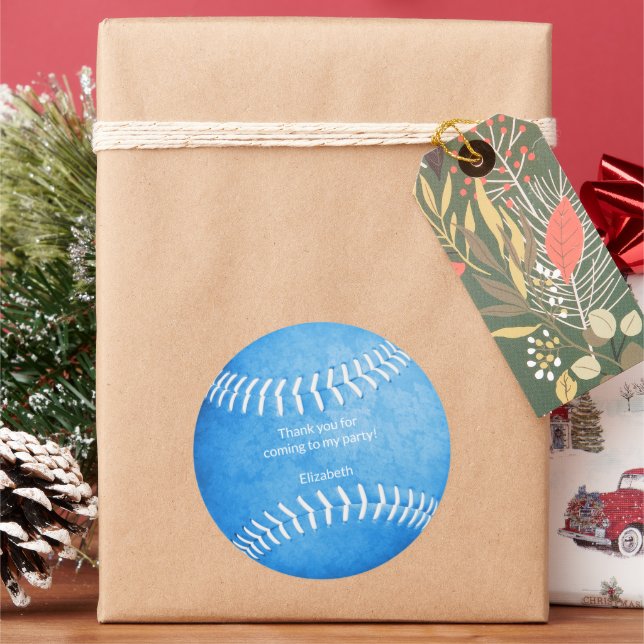 girls blue softball sports party thank you classic round sticker (Holiday)