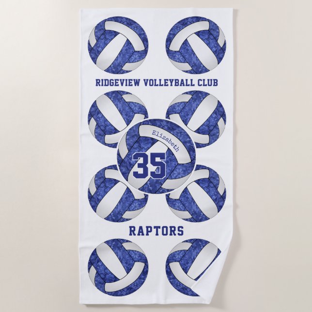 girls blue white volleyball team colours custom beach towel (Front)